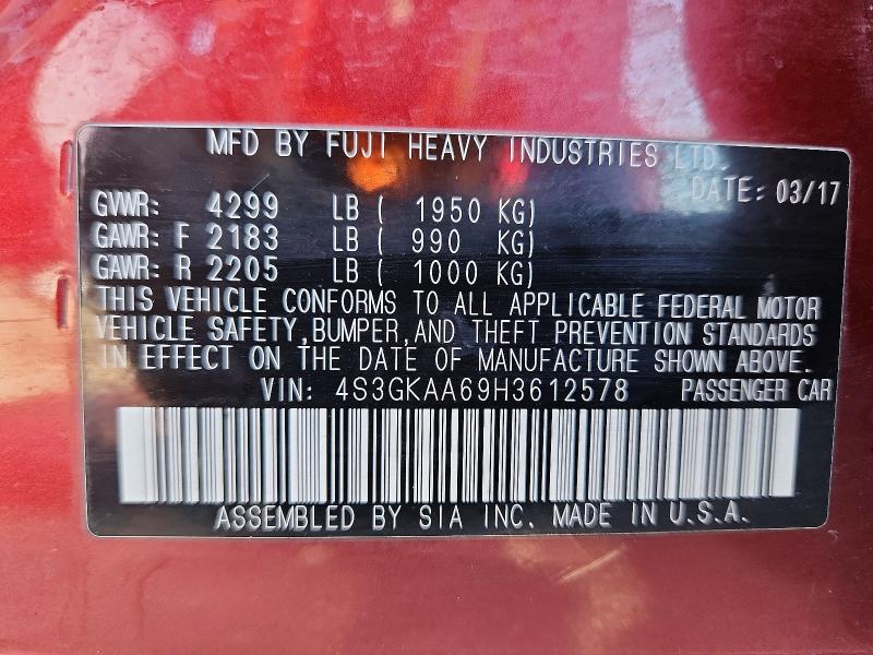 57534776 :رقم المزاد ، 4S3GKAA69H3612578 vin ، 2017 Subaru Impreza مزاد بيع