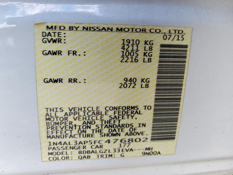Продаж на аукціоні авто 2015 Nissan Altima, vin: 1N4AL3AP5FC476802, номер лоту: 57506356