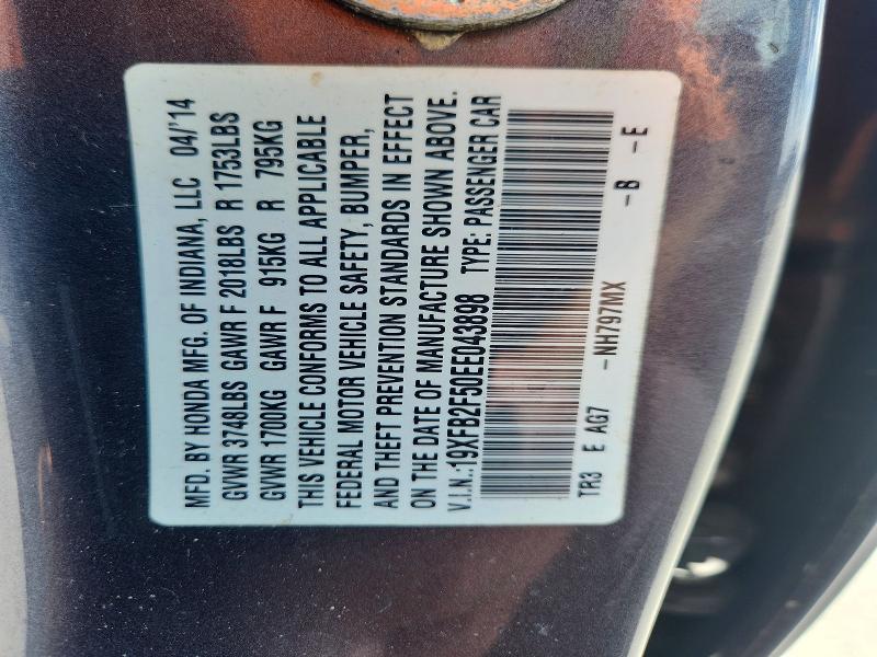58994546 :رقم المزاد ، 19XFB2F50EE043898 vin ، 2014 Honda Civic مزاد بيع