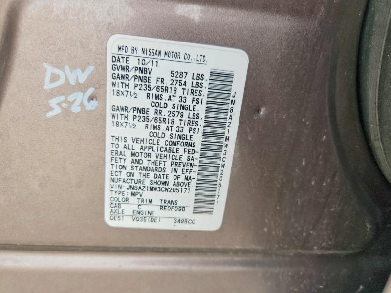 Продаж на аукціоні авто 2012 Nissan Murano, vin: JN8AZ1MW3CW205171, номер лоту: 58310436