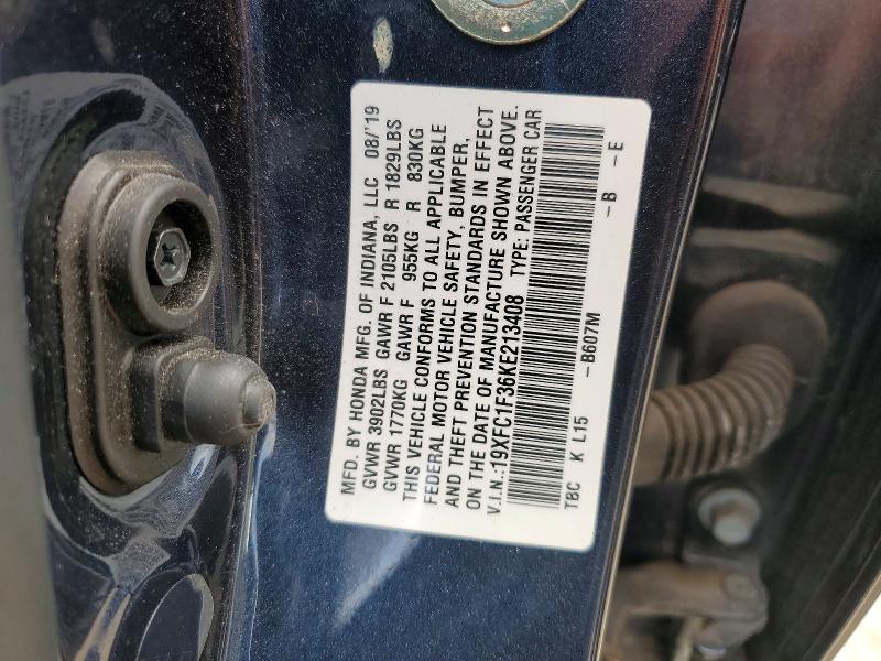 Продаж на аукціоні авто 2019 Honda Civic, vin: 19XFC1F36KE213408, номер лоту: 56779276