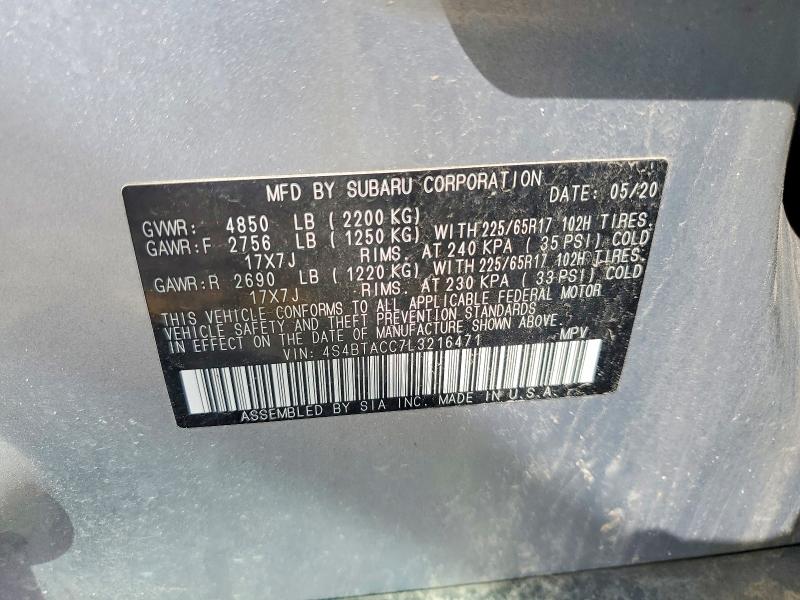 2020 Subaru Outback მანქანა იყიდება აუქციონზე, vin: 4S4BTACC7L3216471, აუქციონის ნომერი: 57198596