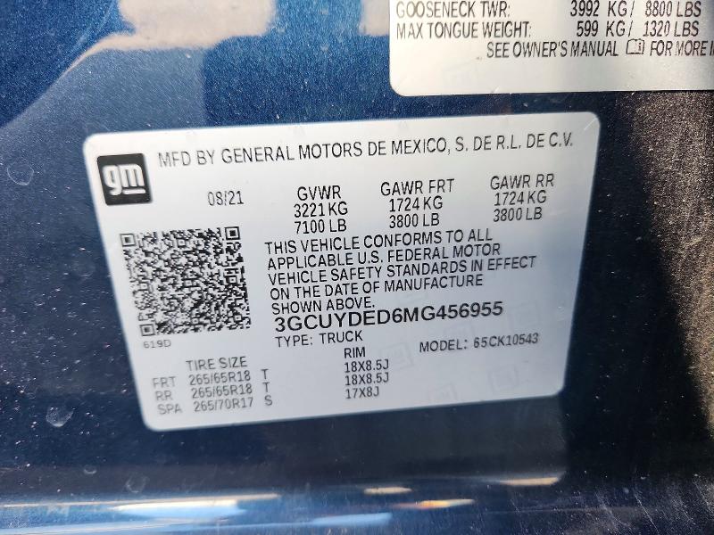 Aukcja sprzedaży 2021 Chevrolet Silverado, vin: 3GCUYDED6MG456955, numer aukcji: 57950936