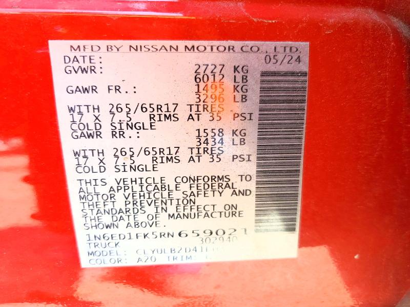 58388056 :رقم المزاد ، 1N6ED1FK5RN659021 vin ، 2024 Nissan Frontier مزاد بيع