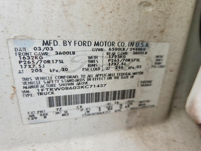 Продаж на аукціоні авто 2003 Ford F150, vin: 1FTRW08603KC71437, номер лоту: 58837926