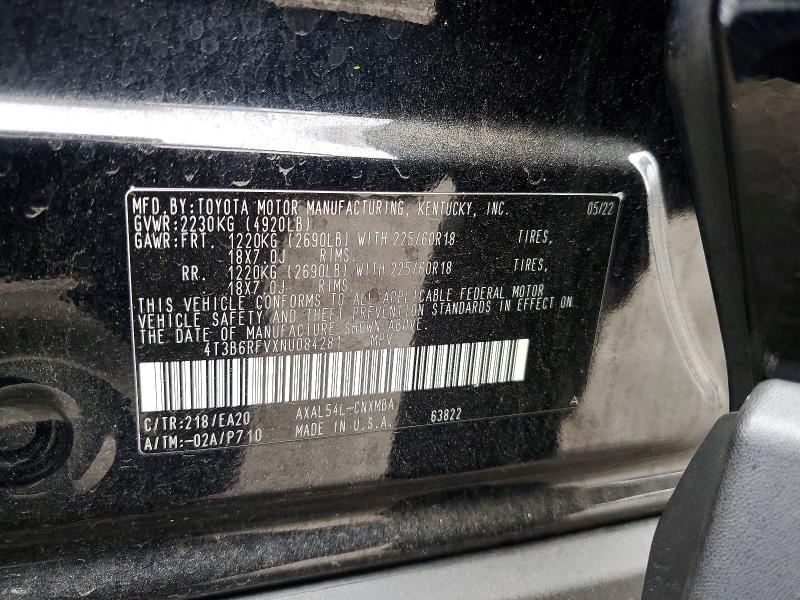 57967256 :رقم المزاد ، 4T3B6RFVXNU084281 vin ، 2022 Toyo Rav 4 مزاد بيع