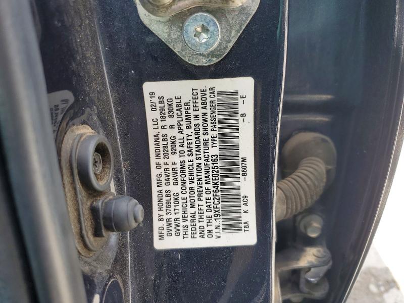 2019 Honda Civic მანქანა იყიდება აუქციონზე, vin: 19XFC2F64KE025163, აუქციონის ნომერი: 55809206