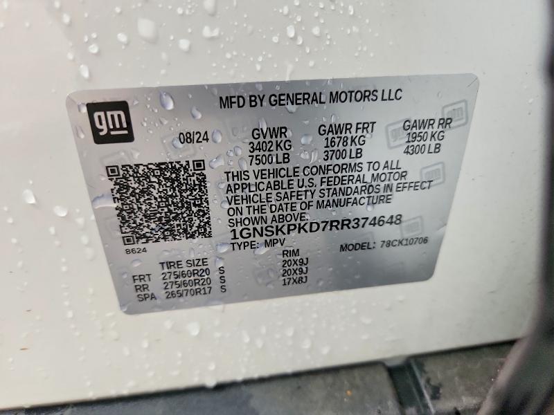 2024 Chevrolet Tahoe მანქანა იყიდება აუქციონზე, vin: 1GNSKPKD7RR374648, აუქციონის ნომერი: 58495076