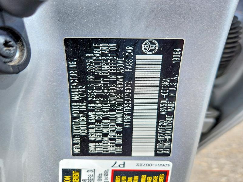 Aukcja sprzedaży 2012 Toyota Camry, vin: 4T1BF1FK5CU178372, numer aukcji: 57161936