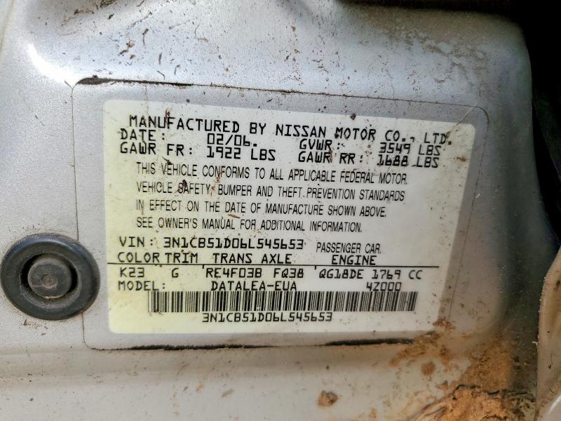 Aukcja sprzedaży 2006 Nissan Sentra, vin: 3N1CB51D06L545653, numer aukcji: 59230956