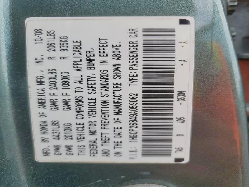 Auction sale of the 2009 Honda Accord, vin: 1HGCP26849A059062, lot number: 56843756