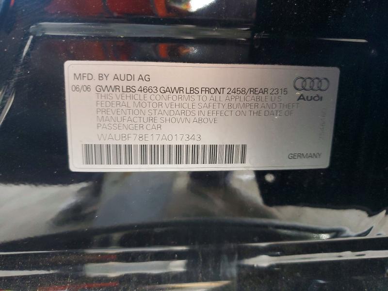 2007 Audi A4 მანქანა იყიდება აუქციონზე, vin: WAUBF78E17A017343, აუქციონის ნომერი: 57859096