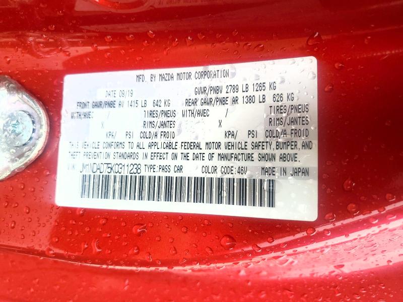 2019 Mazda Mx-5 Miata მანქანა იყიდება აუქციონზე, vin: JM1NDAD75K0311238, აუქციონის ნომერი: 56651806
