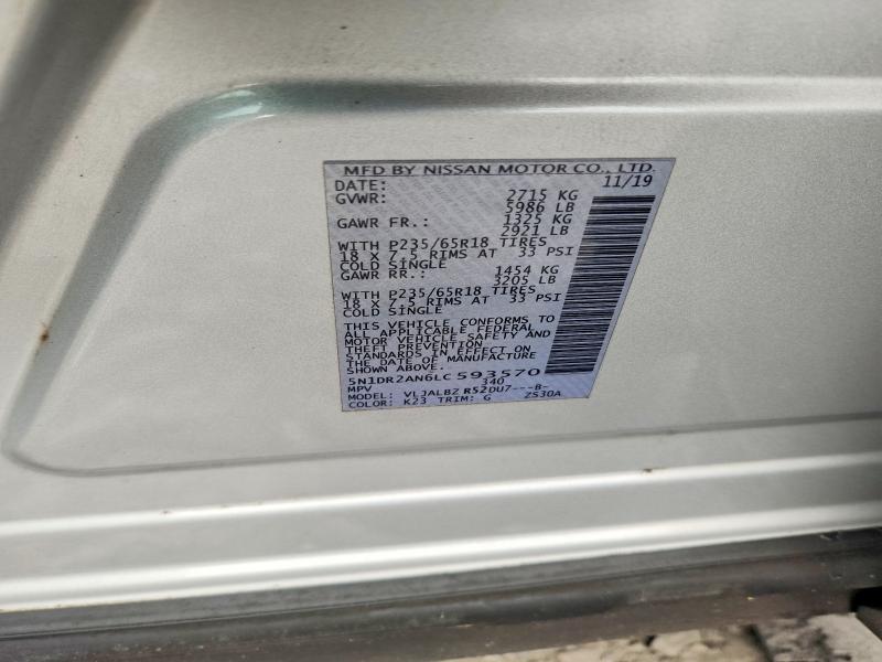 2020 Nissan Pathfinder მანქანა იყიდება აუქციონზე, vin: 5N1DR2AN6LC593570, აუქციონის ნომერი: 56573896