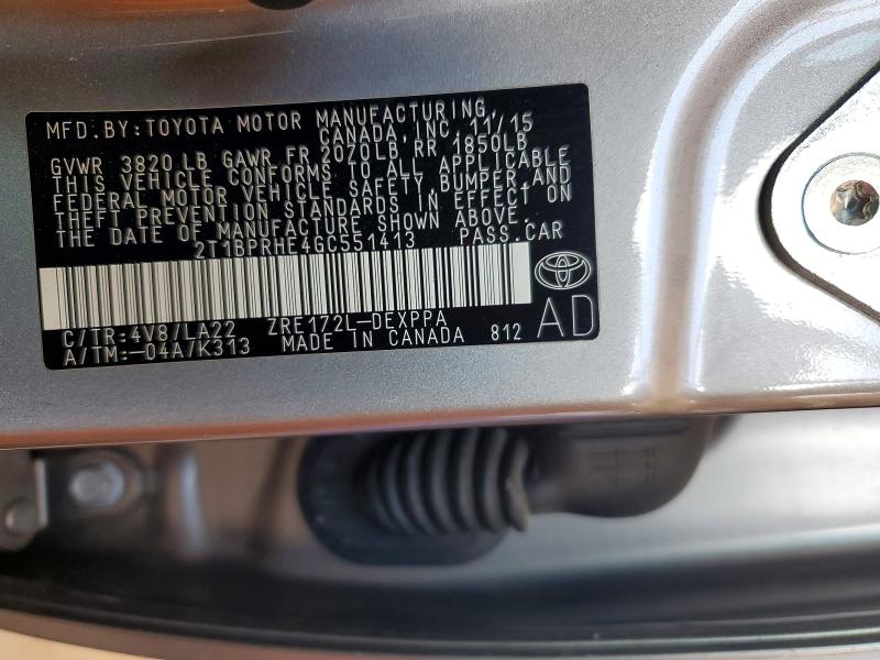 2016 Toyota Corolla მანქანა იყიდება აუქციონზე, vin: 2T1BPRHE4GC551413, აუქციონის ნომერი: 58569106