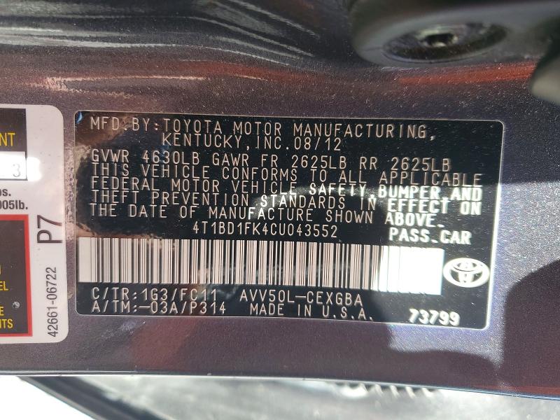 2012 Toyota Camry Hybrid მანქანა იყიდება აუქციონზე, vin: 4T1BD1FK4CU043552, აუქციონის ნომერი: 58778706