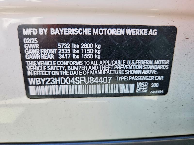 Aukcja sprzedaży 2025 Bmw I4, vin: WBY23HD04SFU84407, numer aukcji: 57606726
