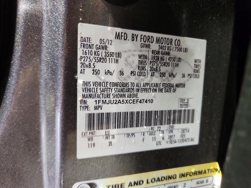 Auction sale of the 2012 Ford Expedition, vin: 1FMJU2A5XCEF47410, lot number: 55205296