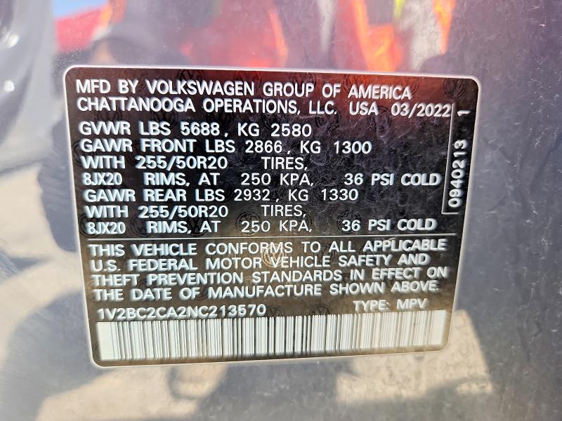 Aukcja sprzedaży 2022 Volkswagen Atlas, vin: 1V2BC2CA2NC213570, numer aukcji: 53669386