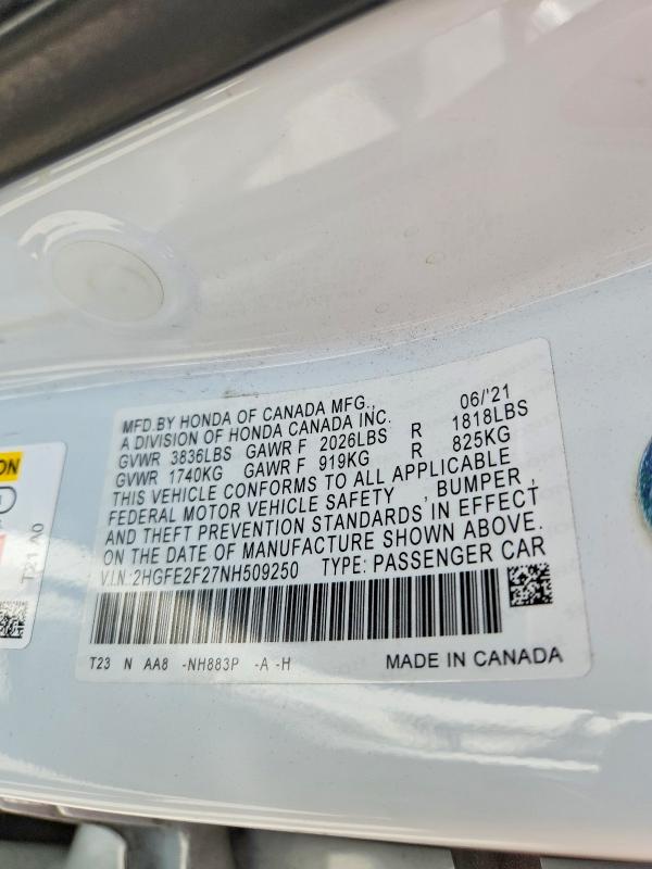 Aukcja sprzedaży 2022 Honda Civic, vin: 2HGFE2F27NH509250, numer aukcji: 58941926