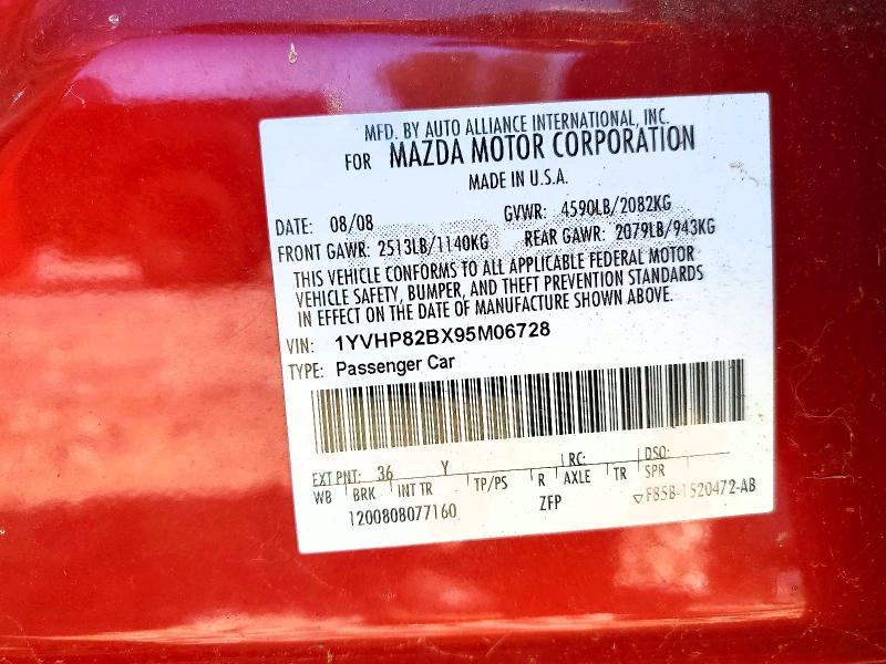 2009 Mazda Mazda6 მანქანა იყიდება აუქციონზე, vin: 1YVHP82BX95M06728, აუქციონის ნომერი: 56515286