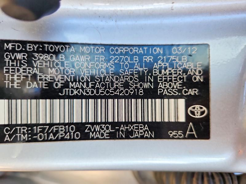 56760306 :رقم المزاد ، JTDKN3DU5C5420918 vin ، 2012 Toyota Prius مزاد بيع