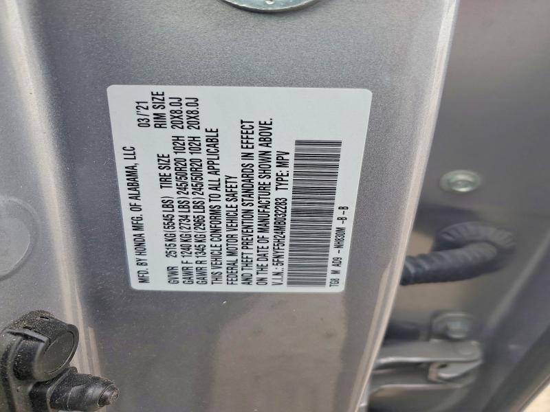 Продажа на аукционе авто 2021 Honda Pilot, vin: 5FNYF5H24MB032283, номер лота: 58628946