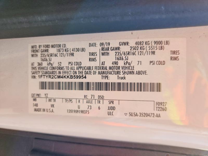56989986 :رقم المزاد ، 1FTYR2CM4KKB59954 vin ، 2019 Ford Transit مزاد بيع
