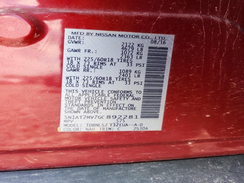 55970266 :رقم المزاد ، 5N1AT2MV7GC892281 vin ، 2016 Nissan Rogue مزاد بيع