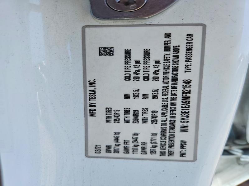 56684096 :رقم المزاد ، 5YJ3E1EA9MF921548 vin ، 2021 Tesla Model 3 مزاد بيع