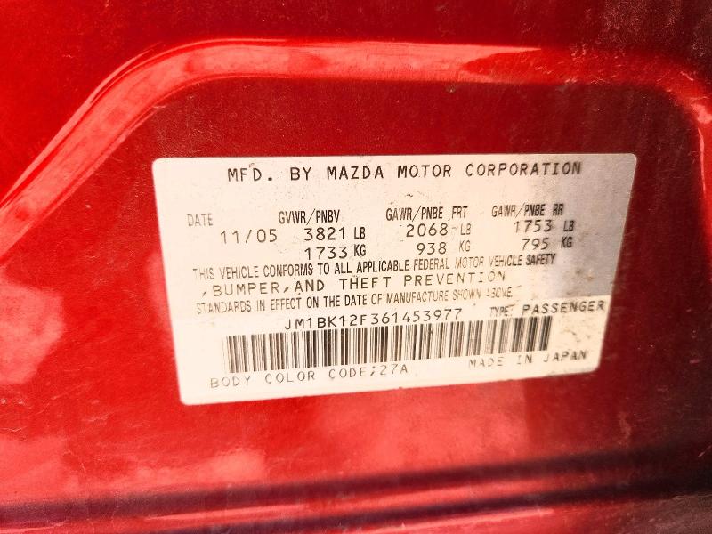 Продажа на аукционе авто 2006 Mazda 3, vin: JM1BK12F361453977, номер лота: 57967756