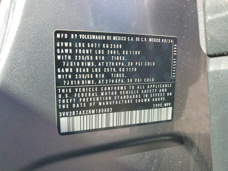 2024 Volkswagen Tiguan მანქანა იყიდება აუქციონზე, vin: 3VV2B7AX2RM180603, აუქციონის ნომერი: 57183146