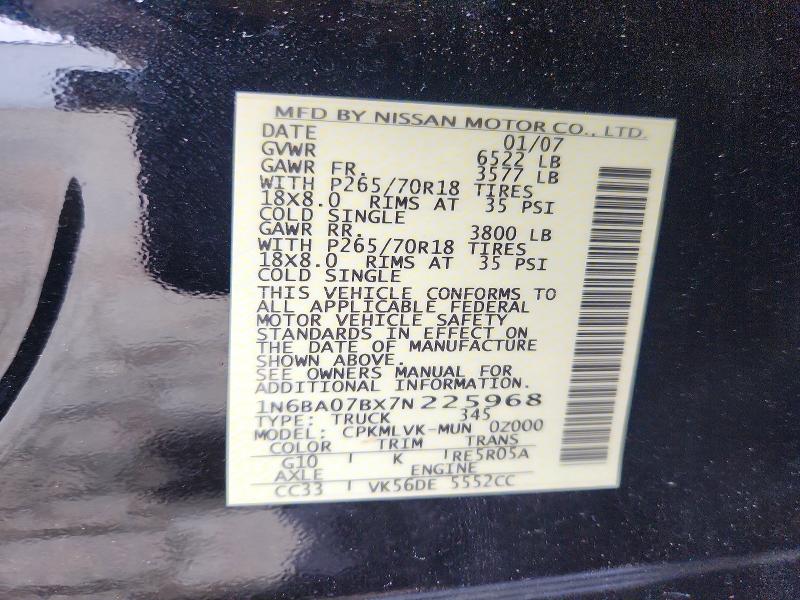 2007 Nissan Titan მანქანა იყიდება აუქციონზე, vin: 1N6BA07BX7N225968, აუქციონის ნომერი: 57660326