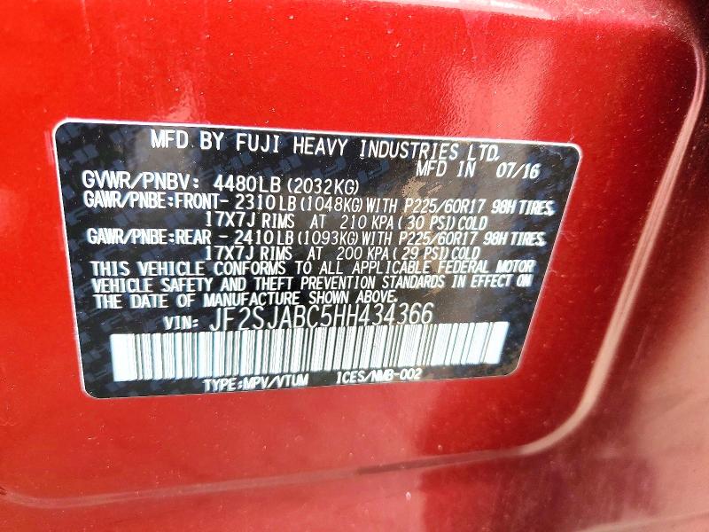 56121126 :رقم المزاد ، JF2SJABC5HH434366 vin ، 2017 Subaru Forester مزاد بيع