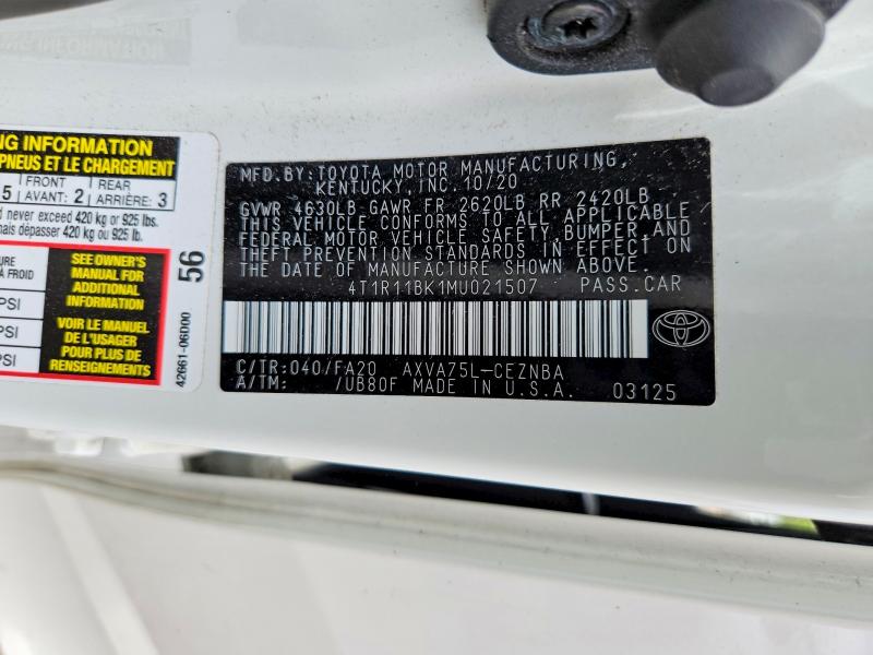 2021 Toyota Camry მანქანა იყიდება აუქციონზე, vin: 4T1R11BK1MU021507, აუქციონის ნომერი: 55511506