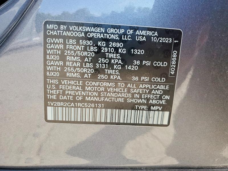 2024 Volkswagen Atlas მანქანა იყიდება აუქციონზე, vin: 1V2BR2CA1RC526131, აუქციონის ნომერი: 56730706