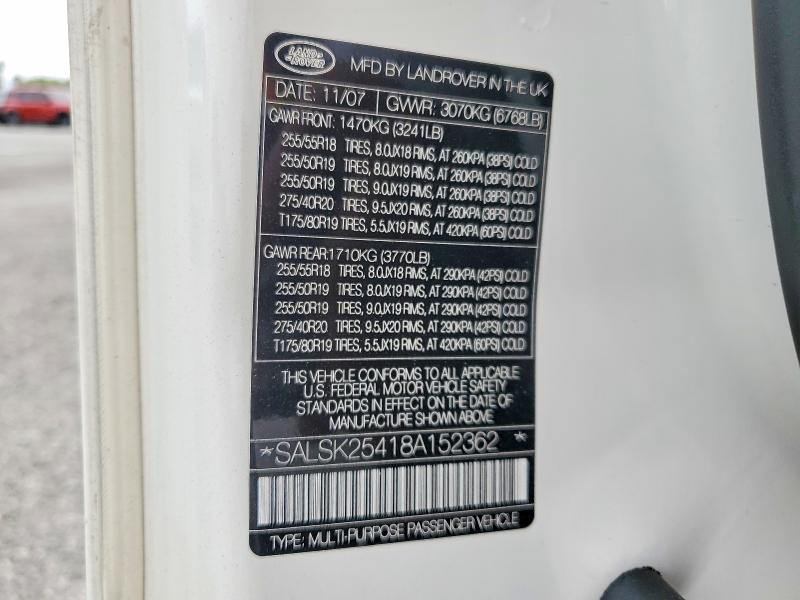 57967246 :رقم المزاد ، SALSK25418A152362 vin ، 2008 Land Rover Range Rover Sport مزاد بيع