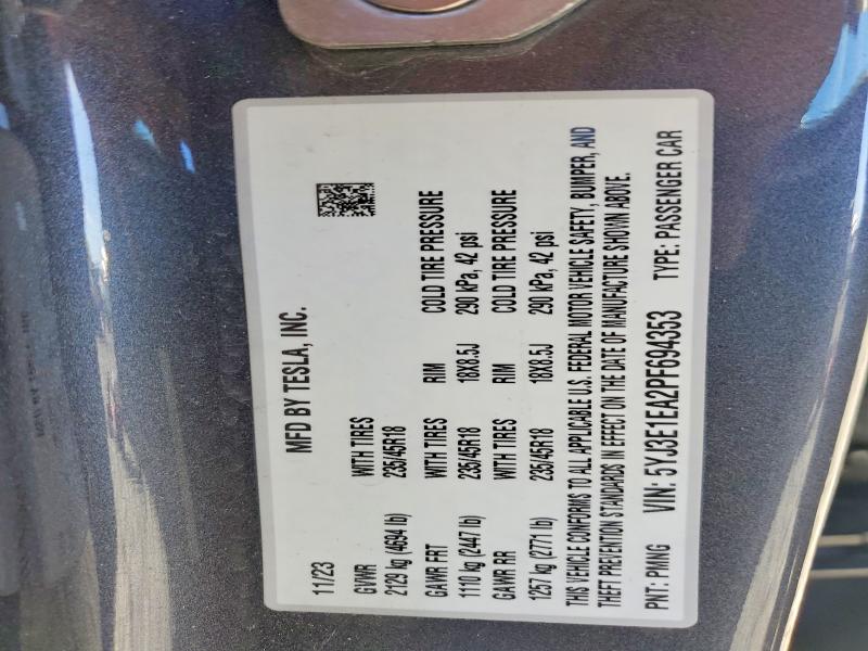 2023 Tesla Model 3 მანქანა იყიდება აუქციონზე, vin: 5YJ3E1EA2PF694353, აუქციონის ნომერი: 57028696
