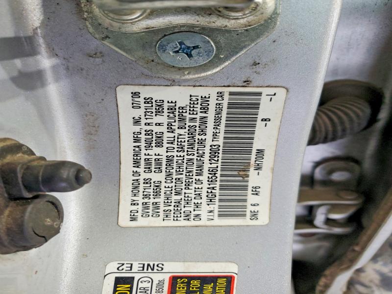 2006 Honda Civic მანქანა იყიდება აუქციონზე, vin: 1HGFA16546L129903, აუქციონის ნომერი: 56162366