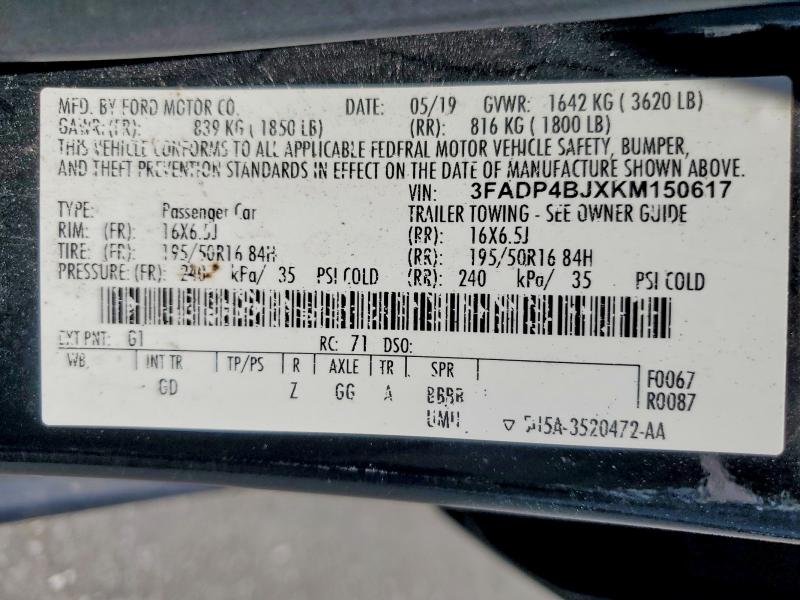 57056176 :رقم المزاد ، 3FADP4BJXKM150617 vin ، 2019 Ford Fiesta مزاد بيع