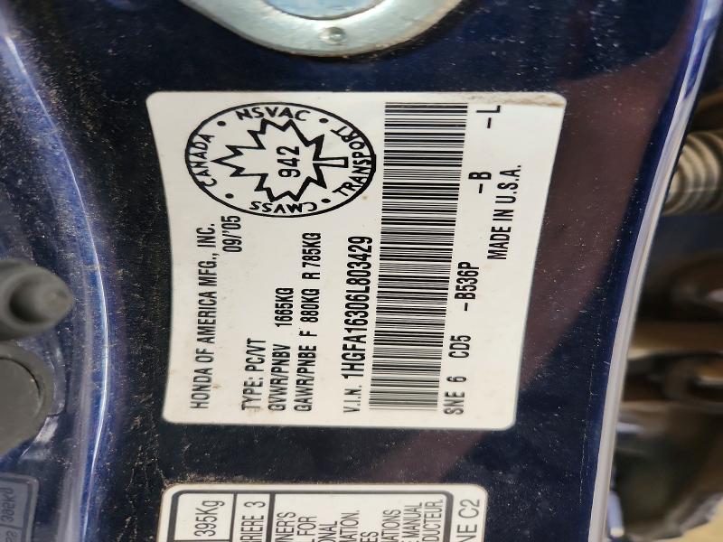 Auction sale of the 2006 Honda Civic, vin: 1HGFA16306L803429, lot number: 56997226
