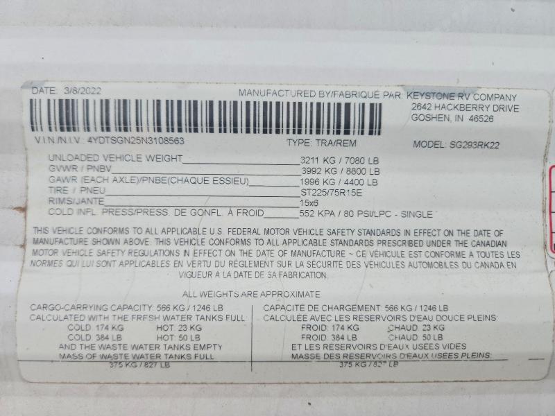 52915906 :رقم المزاد ، 4YDTSGN25N3108563 vin ، 2022 Keystone M 293 Rk مزاد بيع