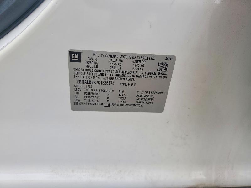 2012 Chevrolet Equinox მანქანა იყიდება აუქციონზე, vin: 2GNALBEK7C1336374, აუქციონის ნომერი: 56891486