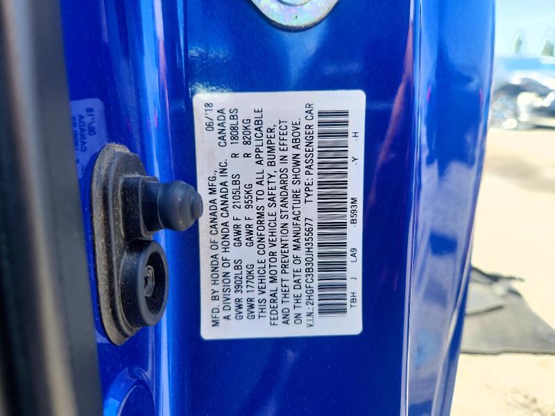 2018 Honda Civic მანქანა იყიდება აუქციონზე, vin: 2HGFC3B30JH355677, აუქციონის ნომერი: 56538496