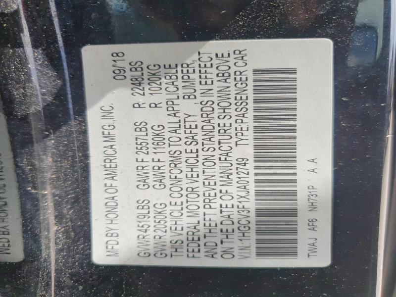 58987126 :رقم المزاد ، 1HGCV3F1XJA012749 vin ، 2018 Honda Accord مزاد بيع