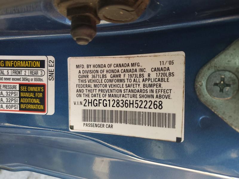 Aukcja sprzedaży 2006 Honda Civic, vin: 2HGFG12836H522268, numer aukcji: 57899896