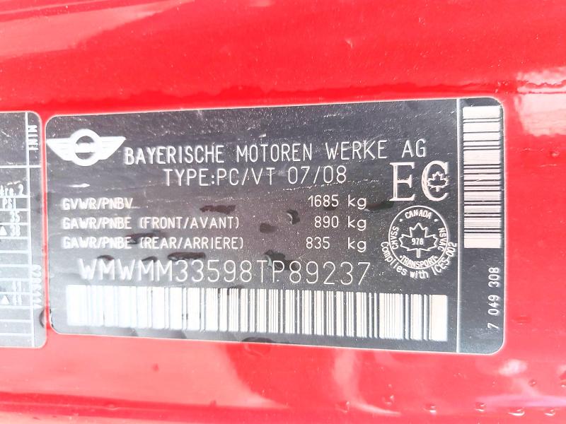 2008 Mini Cooper მანქანა იყიდება აუქციონზე, vin: WMWMM33598TP89237, აუქციონის ნომერი: 58205626