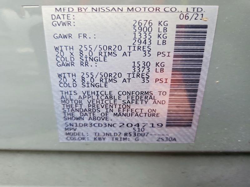 58631066 :رقم المزاد ، 5N1DR3CD3NC204719 vin ، 2022 Nissan Pathfinder مزاد بيع
