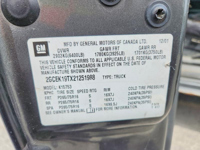 2002 Chevrolet Silverado მანქანა იყიდება აუქციონზე, vin: 2GCEK19TX21251988, აუქციონის ნომერი: 55972926