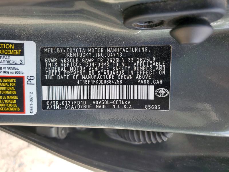 Aukcja sprzedaży 2013 Toyota Camry, vin: 4T1BF1FK0DU684256, numer aukcji: 57118906